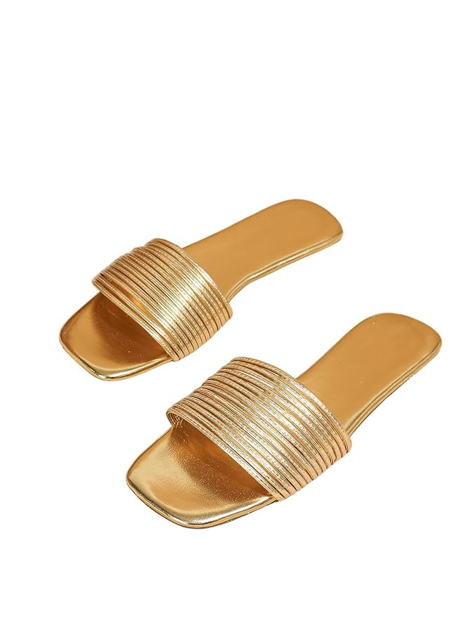 Verdusa Women's Summer Beach Sandals Square Toe Strappy Flat Sandals Slip On Metallic Sandal | Amazon (US)