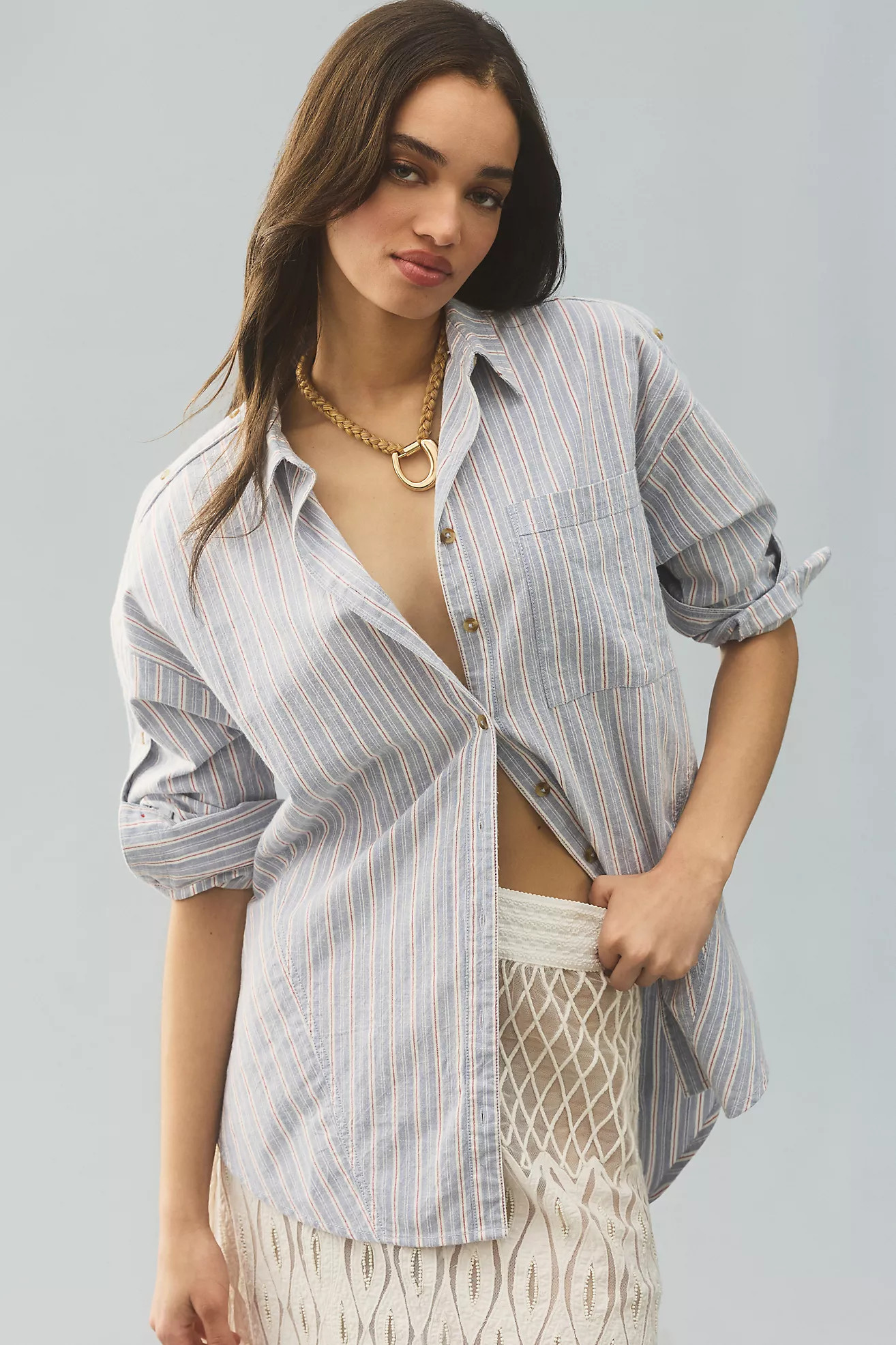 Pilcro Button-Sleeve Buttondown Shirt | Anthropologie (US)