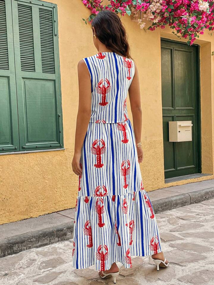 Calvaya 2pcs Women Summer Sleeveless Bowknot Top & Lobster Print Long Dress Set | SHEIN