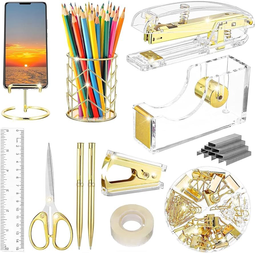 FERXIDI Gold Desk Accessories,Office Supplies Set Acrylic Stapler,Staple Remover,Tape Holder,Pen ... | Amazon (US)