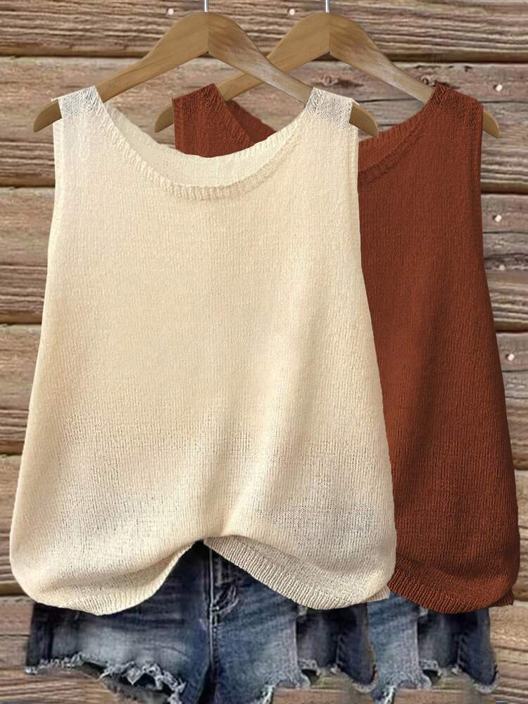 Set de 2 chalecos de punto sueltos y minimalistas de cuello redondo y semitransparentes de unicol... | SHEIN
