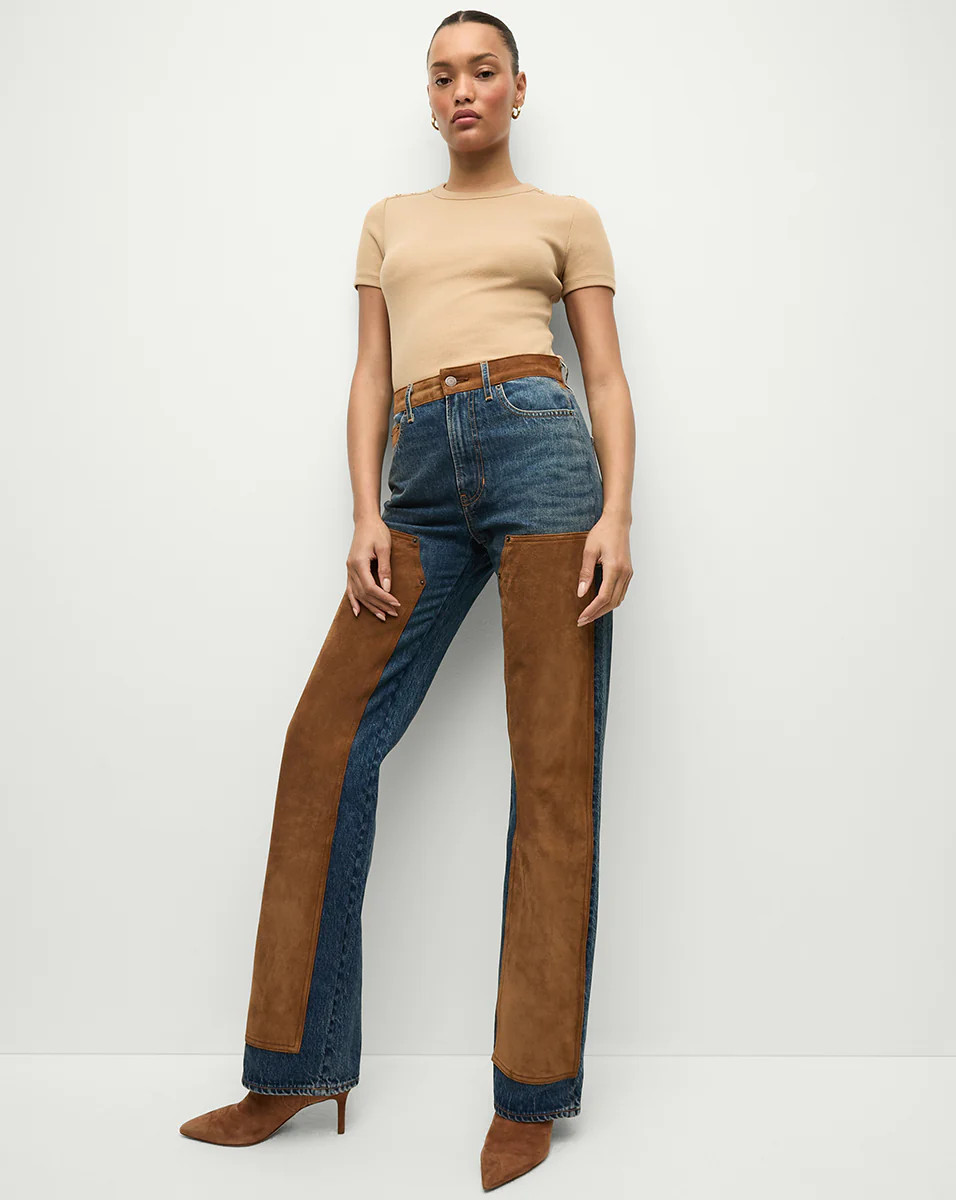 Dylan Suede-Patchwork Straight-Leg Jean | Veronica Beard