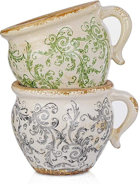 Sungmor Set of 2 Vintage Ceramic Planters with Handle - Rustic Crackle Glaze Flower Pots with Scr... | Amazon (US)