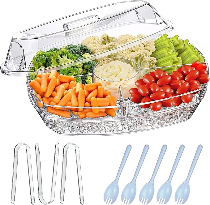 LIMOEASY Chilled Veggie Tray, 15 Inch Clear Party Platter with 4 Compartments, Ice Serving Bowl w... | Amazon (US)