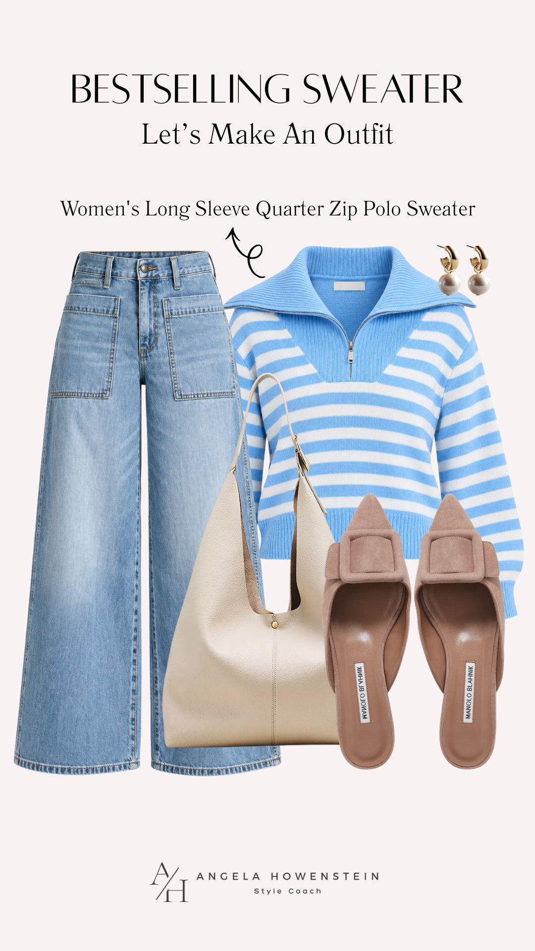 This bestselling blue-and-white striped quarter-zip is such an easy outfit maker. I love it with these wide-leg jeans, but the neutral slides and bag make this a polished, comfortable look for everyday wear. 💙

👩‍💻 LTK PRO TIPS
❤️ Heart = Support my posts ;-)
🔖 Save = Get sale & restock alerts for the things you love!
📋 Lists = Keep favorites organized (List ideas: Christmas, Birthdays, and Vacations!)
📲 Share = Send lists and products to a friend (or your daughters like me).
💬 Comment = Ask me anything, and I’ll answer. ;-) 

 #LTKootd #LTKSeasonal #LTKOver40
