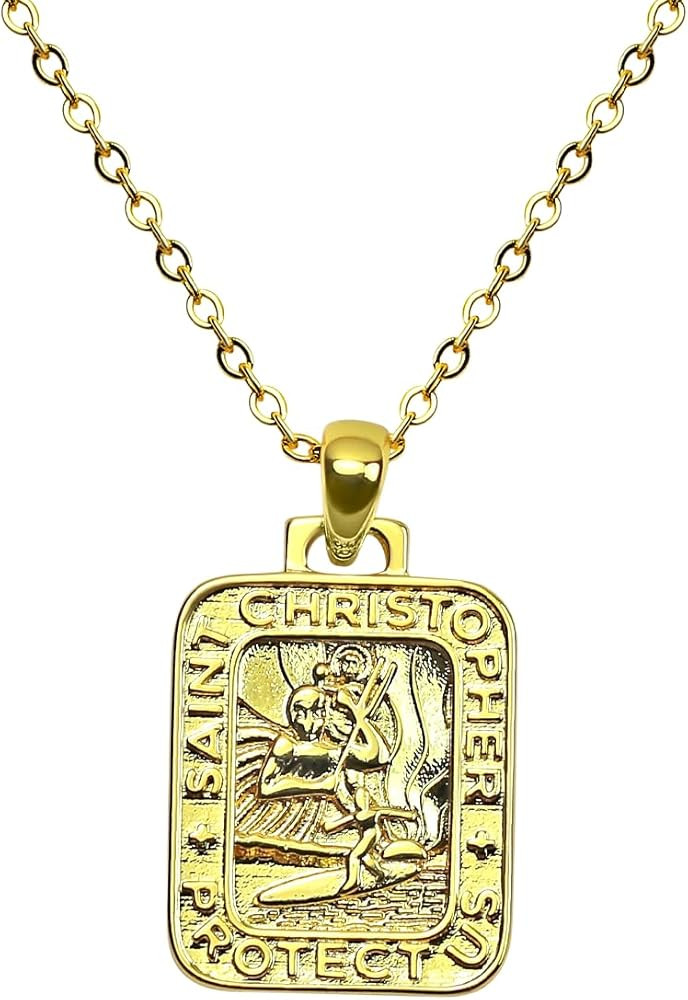Get Back Necklaces | Gold Rectangle St. Christopher Surf Necklace, 17mm x 14mm Rectangle Pendant,... | Amazon (US)