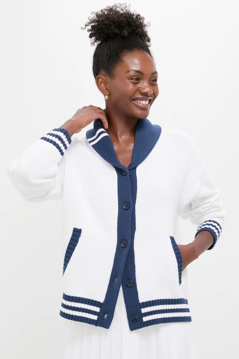 White and Navy Varsity Freya Cardigan | Tuckernuck (US)