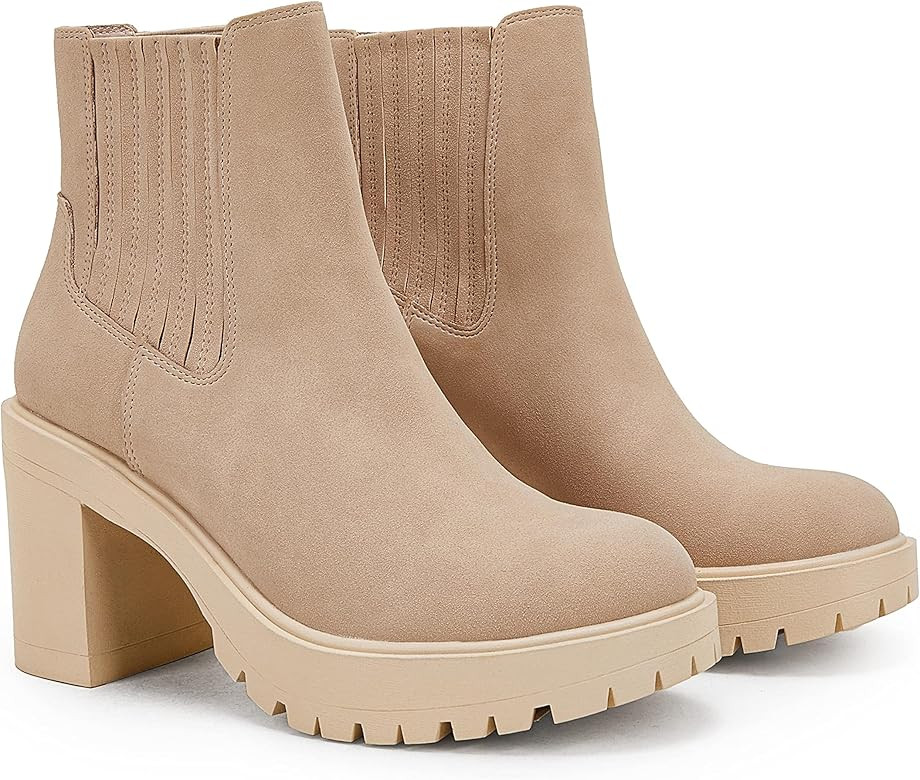 Womems Platform Lug Sole Ankle Boots Chunky Block Heel Seam Booties Combat Cozy Round Toe Chelsea Sh | Amazon (US)
