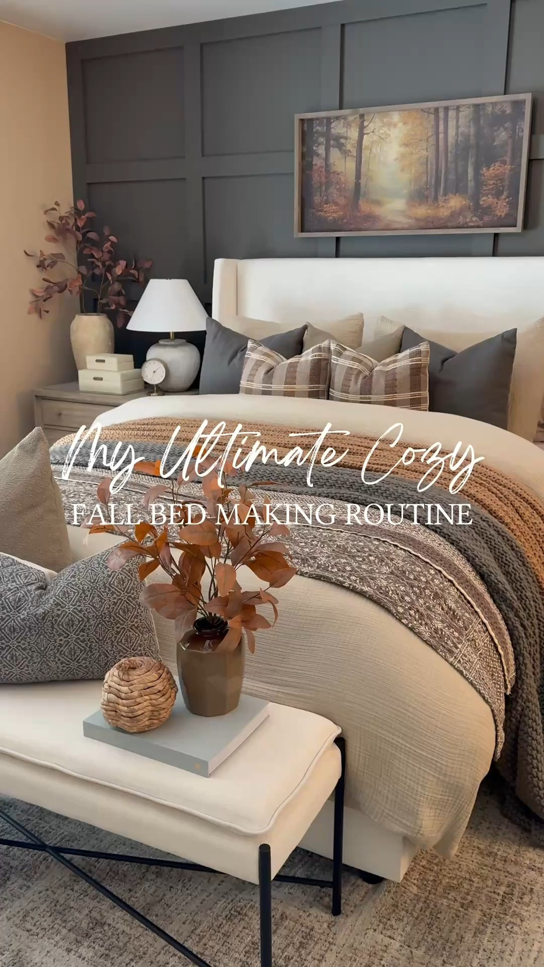 🍂 Ultimate Cozy Fall Bed Making Routine. I wanted our bedroom to feel extra cozy this season, so I layered in all the warm textures and moody tones. From the chunky knit throws to the plaid pillows, every detail just makes me want to curl up and stay in bed all day.

The October Golden Hour sign from my sweet friend Brittany @currentlychic might be my favorite piece yet— it captures that dreamy fall glow perfectly. Shown here in a size 20x40 with Briarsmoke stain. Use my code FARMTOTABLE for 15% off. Two stems shown in each vase on nightstands  

#FallBedroom #BedroomDecor #BedroomStyling #FallHomeDecor #CozyBedroom #NeutralBedroom #OctoberGoldenHour #LayeredBedding #ThrowBlanket #DecorVase #FallStems #FallDecor #NightstandDecor #WallArt #BedroomRug

#LTKSaleAlert #LTKHome #LTKSeasonal