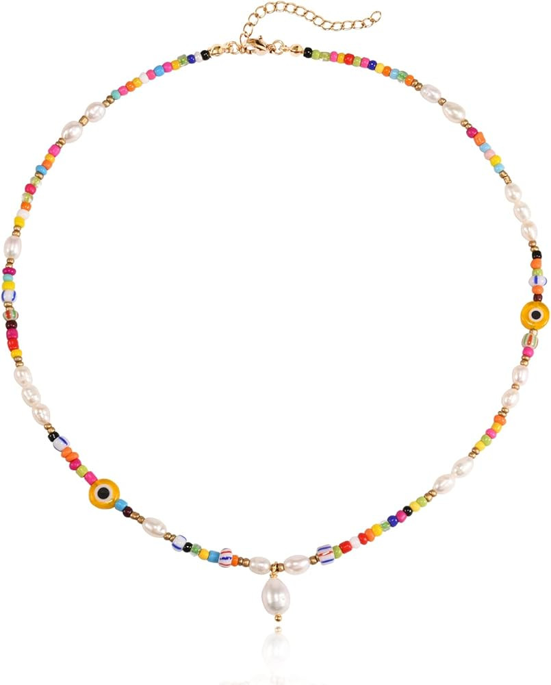 Wellike Freshwater Pearl Beaded Necklace for Women Handmade Boho Colorful Glass Beads Choker Neck... | Amazon (US)