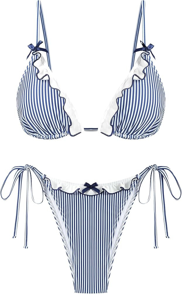 ZAFUL Women's Triangle Bikini Lace Frilled Ruffles Gingham Print Tie Side Spaghetti Strap 2 Piece... | Amazon (US)
