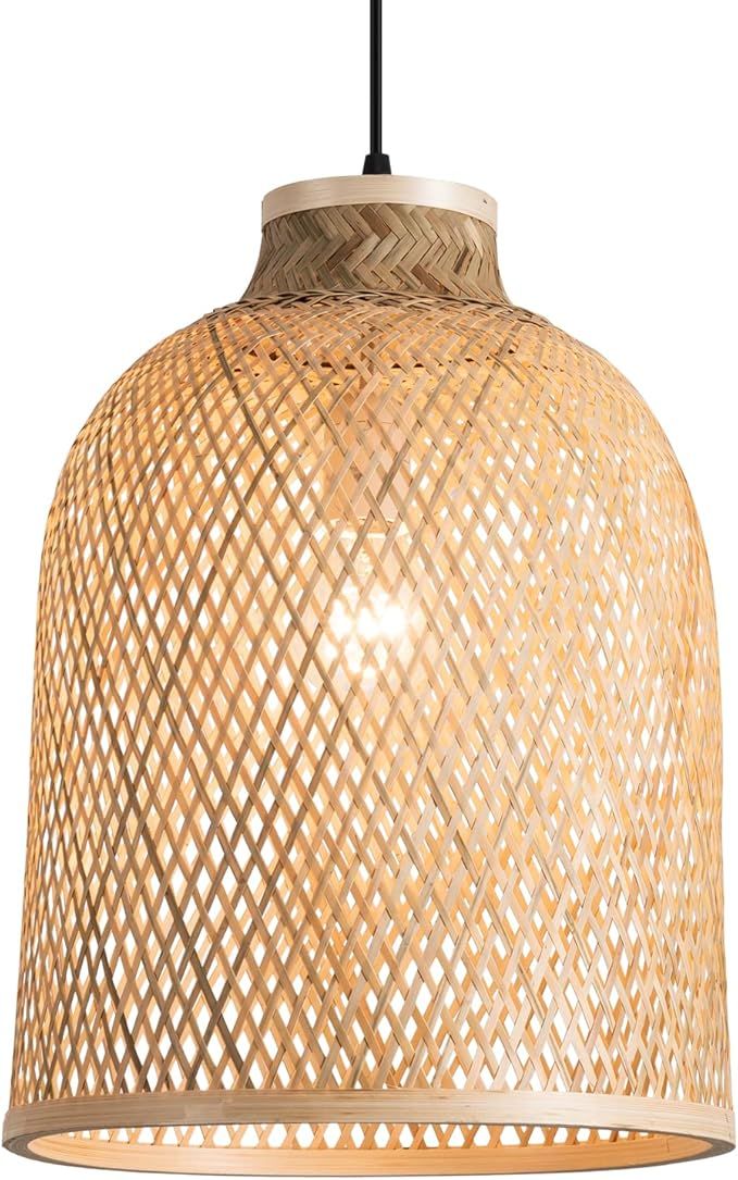 Ahaloye Coastal Woven Pendant Light Fixture, Handmade 11.81" Dome Shade Geometric Bamboo Woven Pe... | Amazon (US)