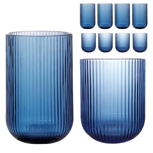 WeirdUncle Set of 8 Ribbed Glassware,4 Highball Glasses 14oz & 4 Rocks Drinking Glasses 9oz, Origami Style, Fluted Design, for Milk, Water, Cocktail, Juice, Beer, ToothBrush Cup, Gif (Blue) | Amazon (US)