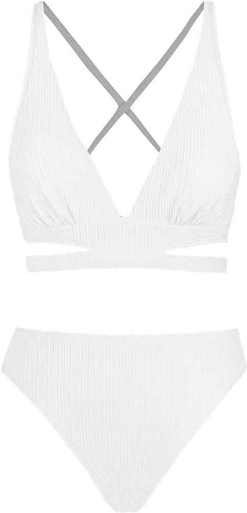 CUPSHE Bikini Set for Women Two Piece Swimsuits Triangle Top Mid Rise Crisscross Back Tie Cutout ... | Amazon (US)