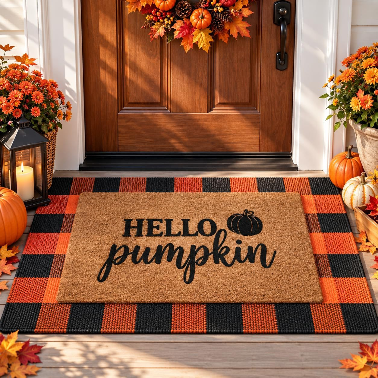 2 Pack Fall Halloween Door Mat Set, Pumpkin Coir & Plaid for Thanksgiving | Amazon (US)