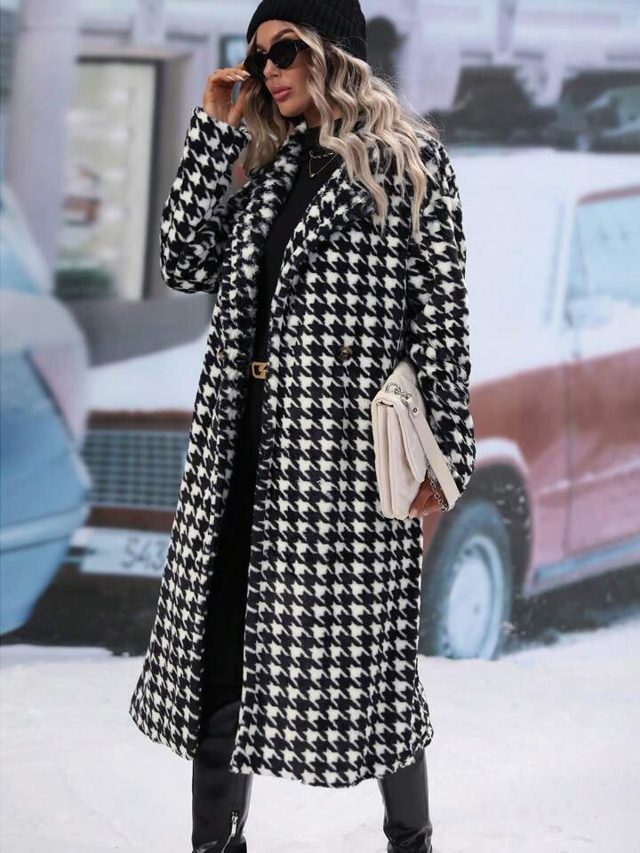 SHEIN Frenchy Houndstooth Print Double Button Coat | SHEIN