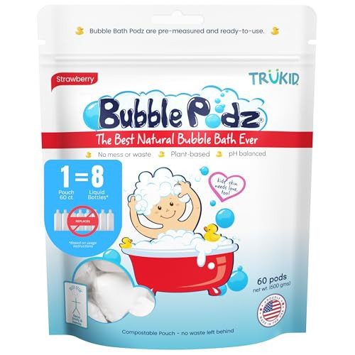 TruKid Bubble Podz Bubble Bath for Baby & Kids, Gentle Refreshing Bath Bomb for Sensitive Skin, pH Balance 7 for Eye Sensitivity, Natural Moisturizers and Ingredients, Strawberry (60 Podz) | Amazon (US)
