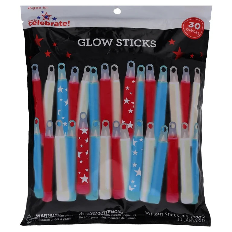 Glow Sticks, Red/White/Blue, 30 Count, Patriotic by Way To Celebrate | Walmart (US)