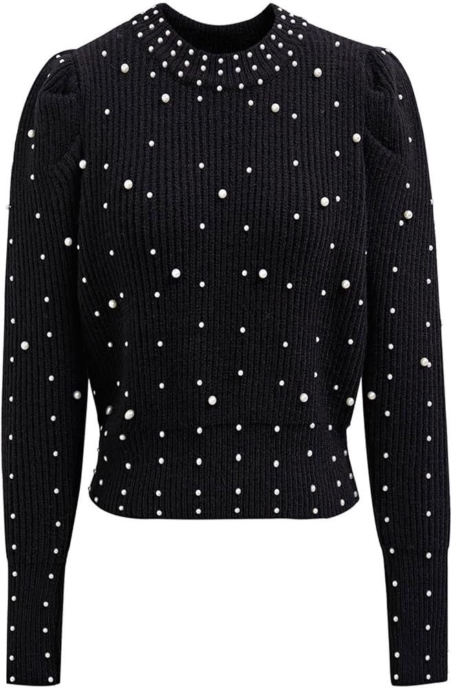 CHICWISH Women Crewneck Sweater Pearl Embellished Long Sleeve Cropped Casual Sweater Pullover Top... | Amazon (US)