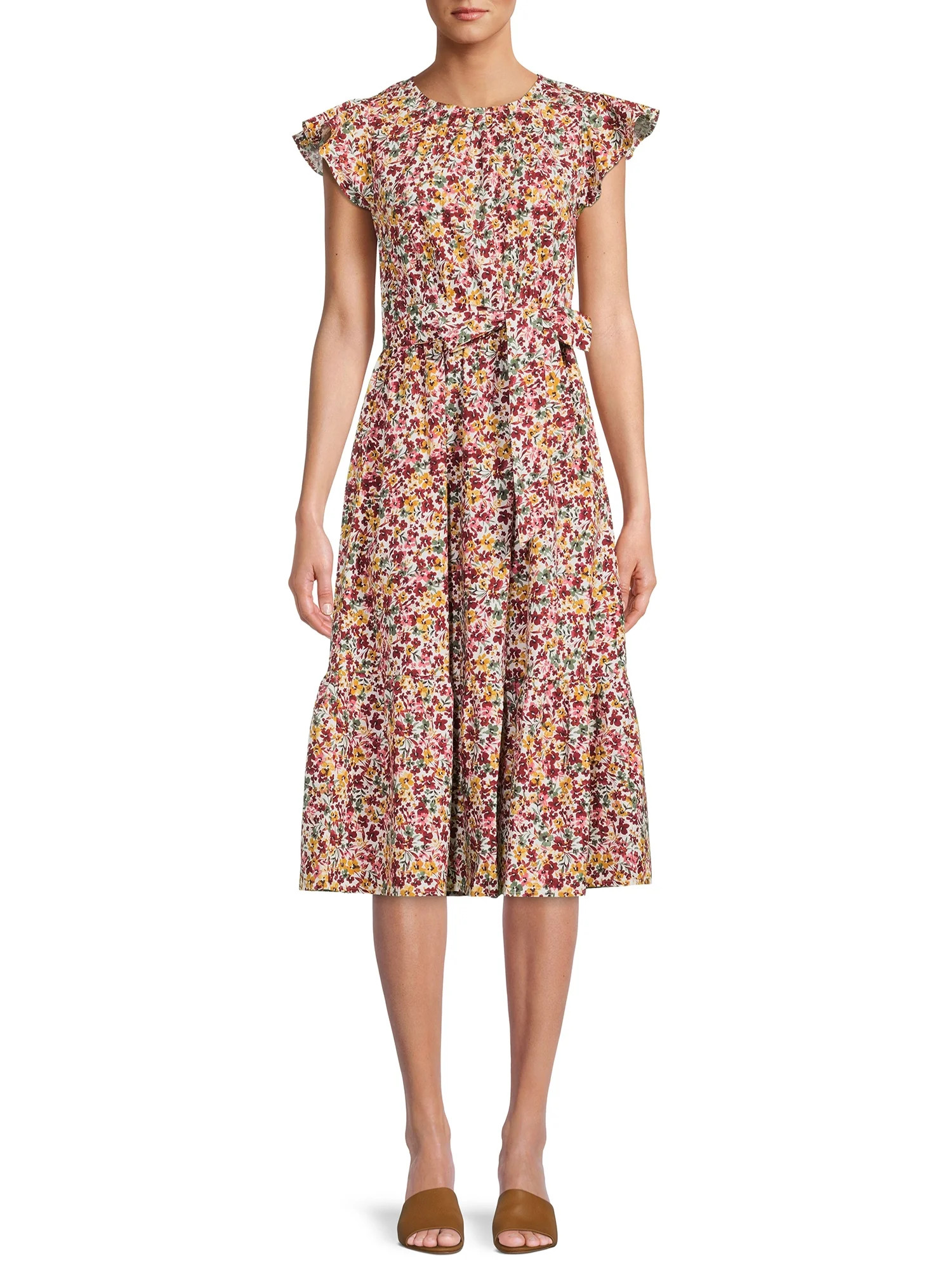 Time and Tru Women's Printed Midi Dress with Flutter Sleeves | Walmart (US)