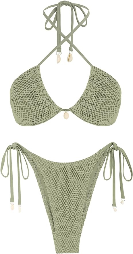 ZAFUL Women's Bikini Set Fishnet Triangle Tie Convertible Collar Halter Bandeau Shell Two Piece B... | Amazon (US)