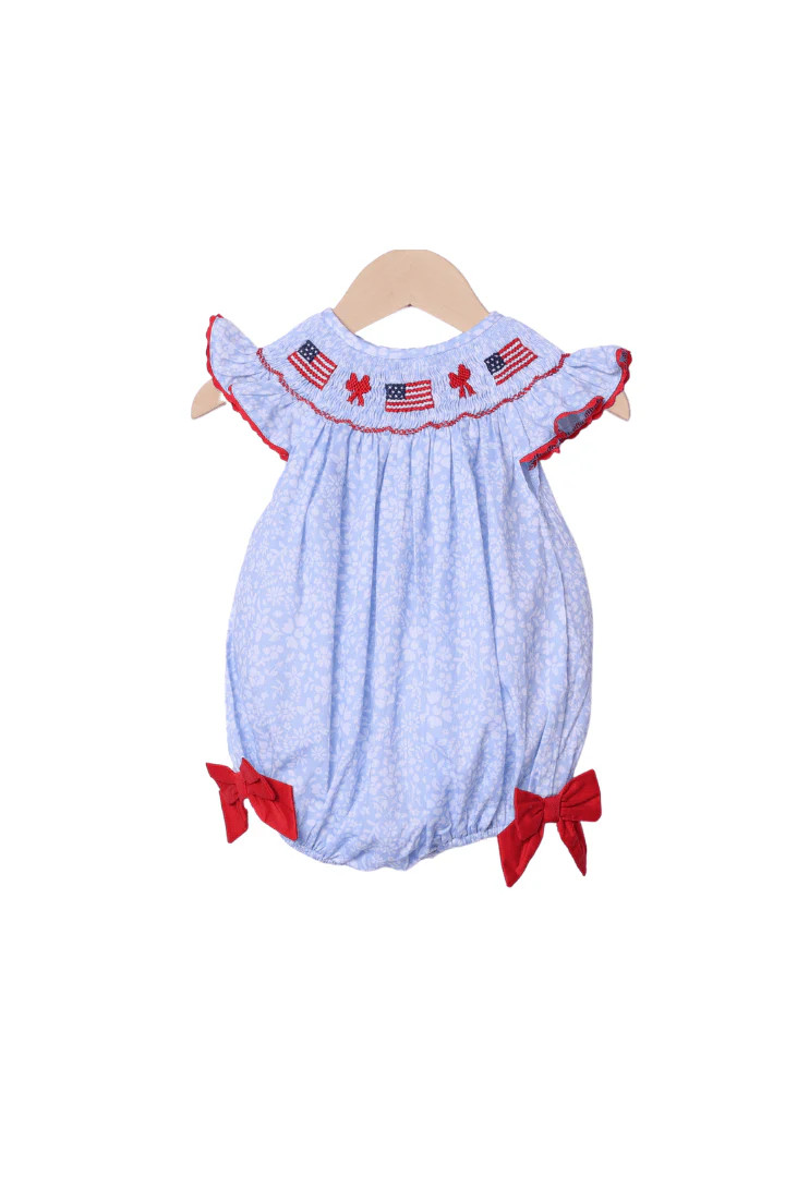 Smocked Flag Blue and Bow Floral Bubble | The Smocked Flamingo