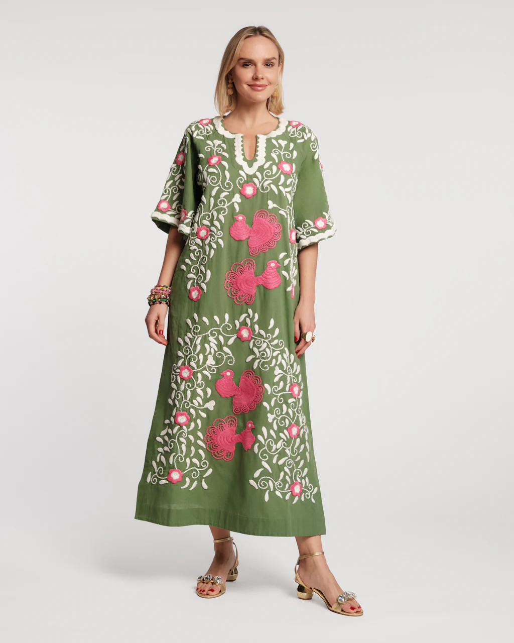 Embroidered Peacock Charming Caftan - Green | Frances Valentine