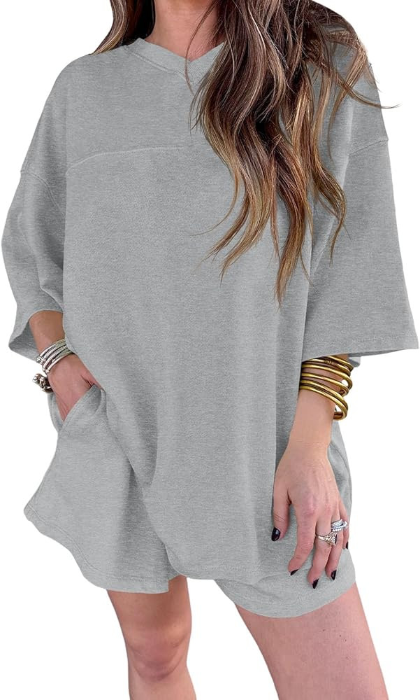 Tankaneo Womens Lounge Set 2 Piece Outfits 3/4 Sleeve V Neck Tops Elastic Waist Shorts Summer Swe... | Amazon (US)