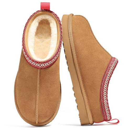 bebealy Genuine Suede Fuzzy Slippers for Women Winter Warm House Shoes Cozy Mini Boots for Indoor Outdoor, Brown 42 | Amazon (US)