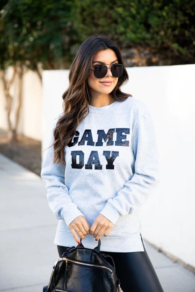 Gameday Chenille Sequins Grey Graphic Sweatshirt | Pink Lily
