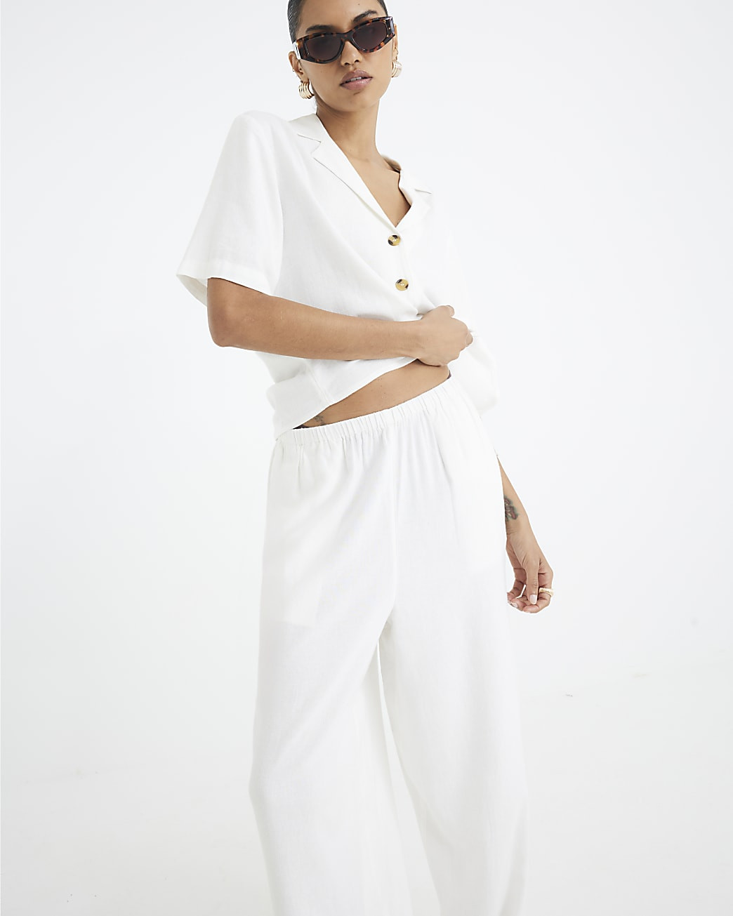 White Linen Blend Wide Leg Trousers | River Island UK & IE