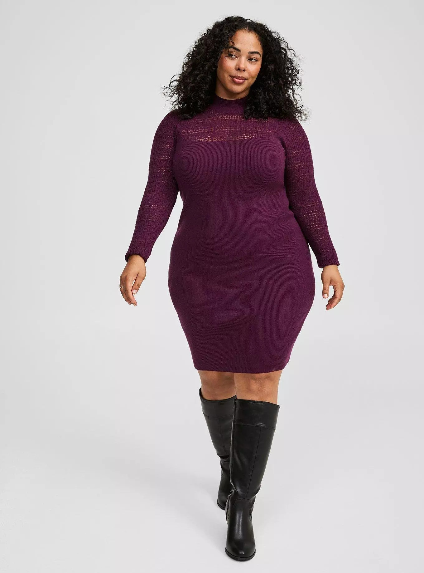 Mini Long Sleeve Rib Pointelle Mock Neck Sweater Dress | Torrid (US & Canada)