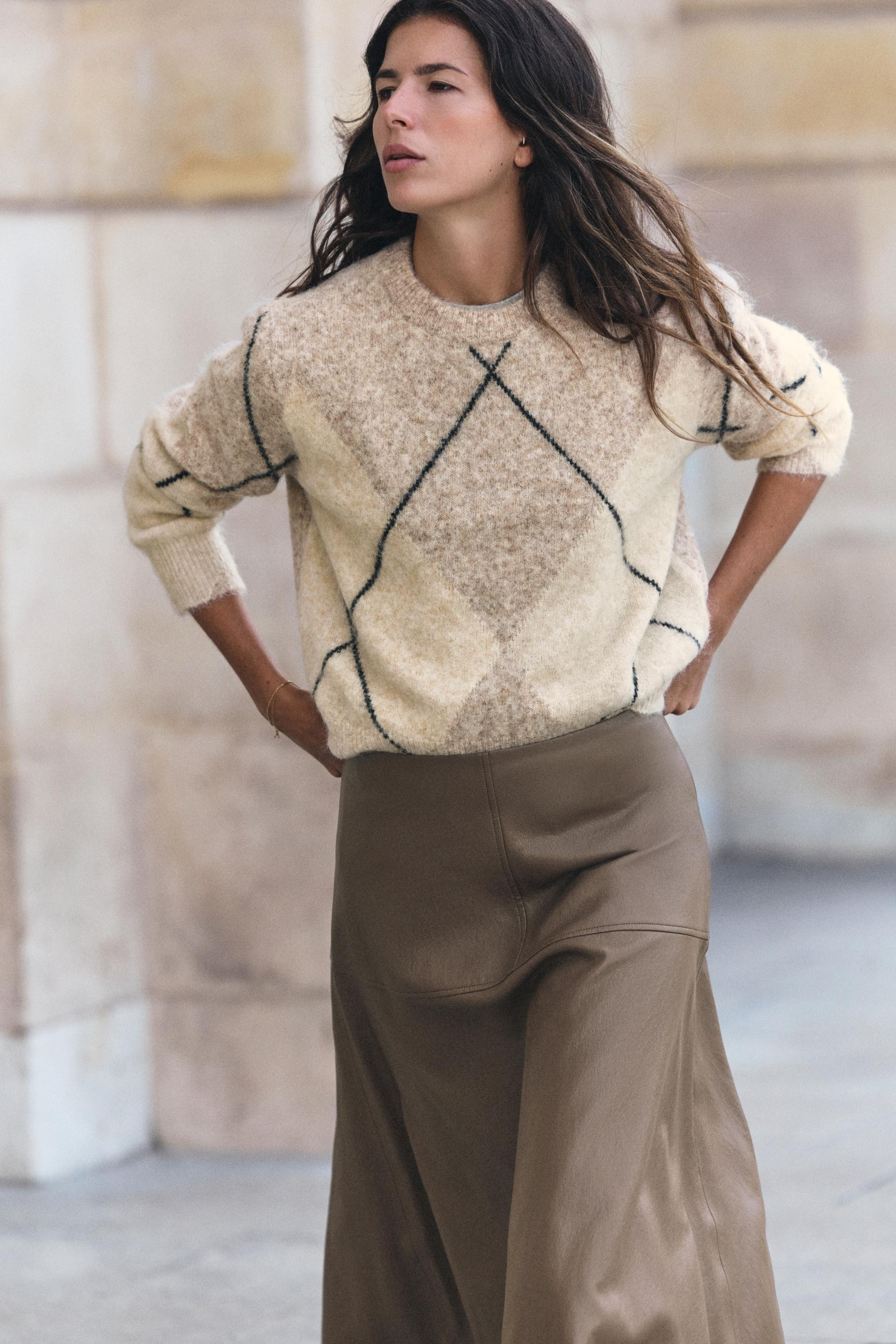 Zara - Brushed Argyle Knit Jumper - Ecru / Beige - M - Woman | Zara US