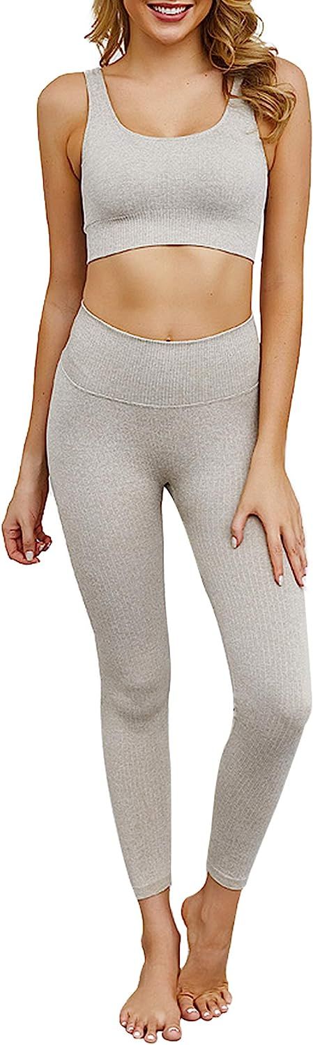 OLCHEE Women's 2 Piece Tracksuit Workout Outfits - Seamless High Waist Leggings and Stretch Sport... | Amazon (US)