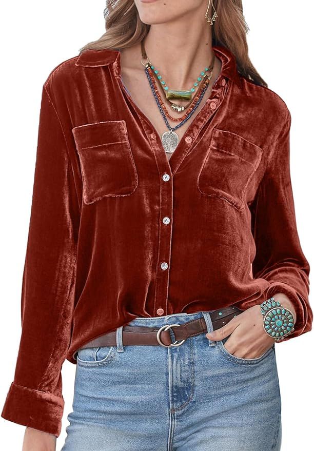 NUOREE Womens Regular Fit Velvet Button Down Shirts Boyfriend Long Sleeve Blouses Tops | Amazon (US)