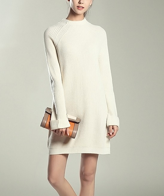 White Knit Mock Neck Sweater Dress - Women | Zulily