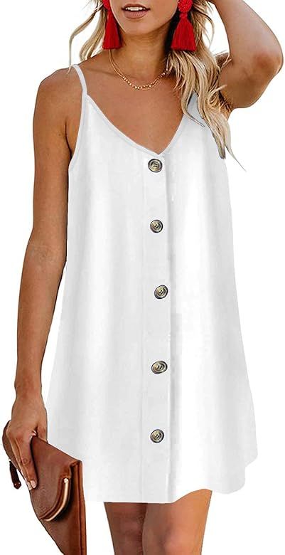 Feiersi Women Summer Spaghetti Strap Button Down V Neck Sleeveless Casual Mini Dress | Amazon (US)
