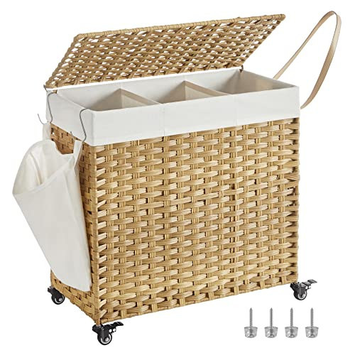 SONGMICS Laundry Hamper with Lid, 37 Gallons (140 L), Rolling Laundry Basket with Wheels, 3-Section Synthetic Rattan, Removable Liner, Bedroom, 26 x 13 x 26 Inches, Natural ULCB363N01 | Amazon (US)