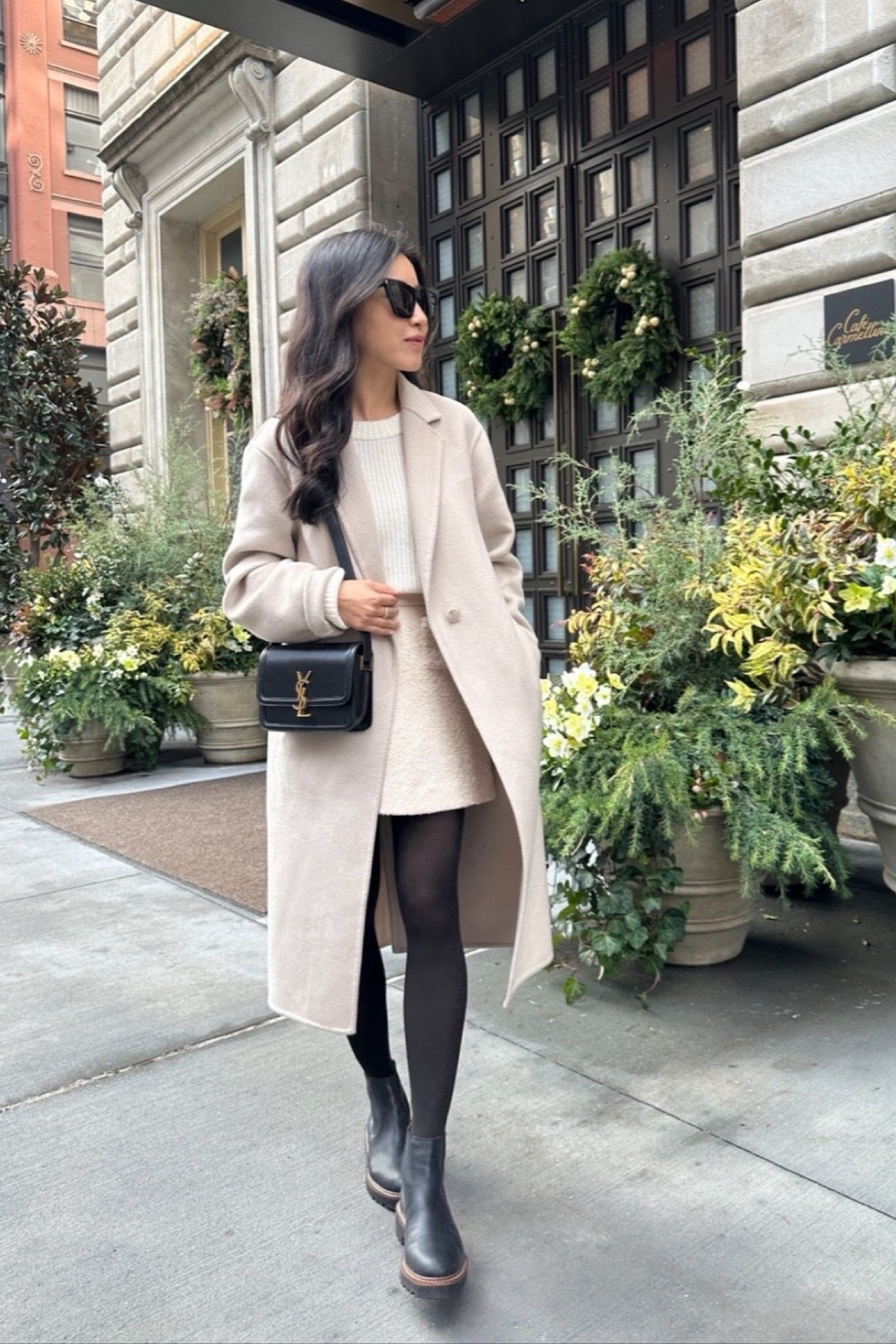 Winter white weekend look. Love the classic combo of a monochromatic skirt, sweater and coat with black tights on black shoes! 

• Uniqlo coat size xxs, old. Linked similar including theory wool cashmere coat for over half off! 

• Quince fisherman cashmere sweater xs - medium weight rib, cozy and warm . I have this in several colors. If you don’t want cashmere they make this same sweater in 100% cotton, 

• Old J Crew tweed cream skirt (linked similar)

• Caslon water resistant black Chelsea boots 5, I bought my pair of years ago, reviews mention running narrow. Nordstrom boot link is the updated version with a block heel.

• YSL Kate sunglasses and Solferino small bag 

 #petite winter outfits

#LTKSeasonal #LTKSaleAlert #LTKStyleTip