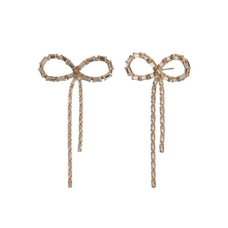 Time and Tru Adult Female Stone Gold-Tone Bow Post Drop Earring - Walmart.com | Walmart (US)