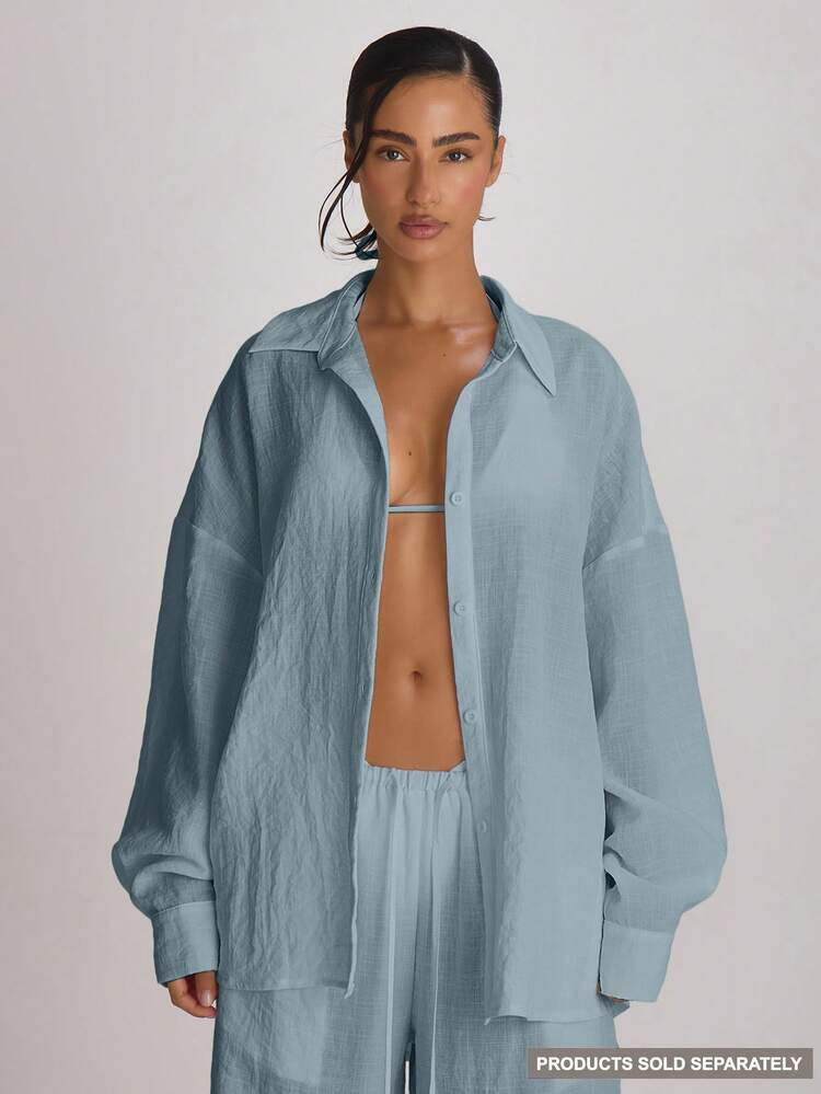 Musera Resort Oversized Linen Shirt Cover Up Swim Vacation Holiday Summer Travel Beachwear Basics... | SHEIN