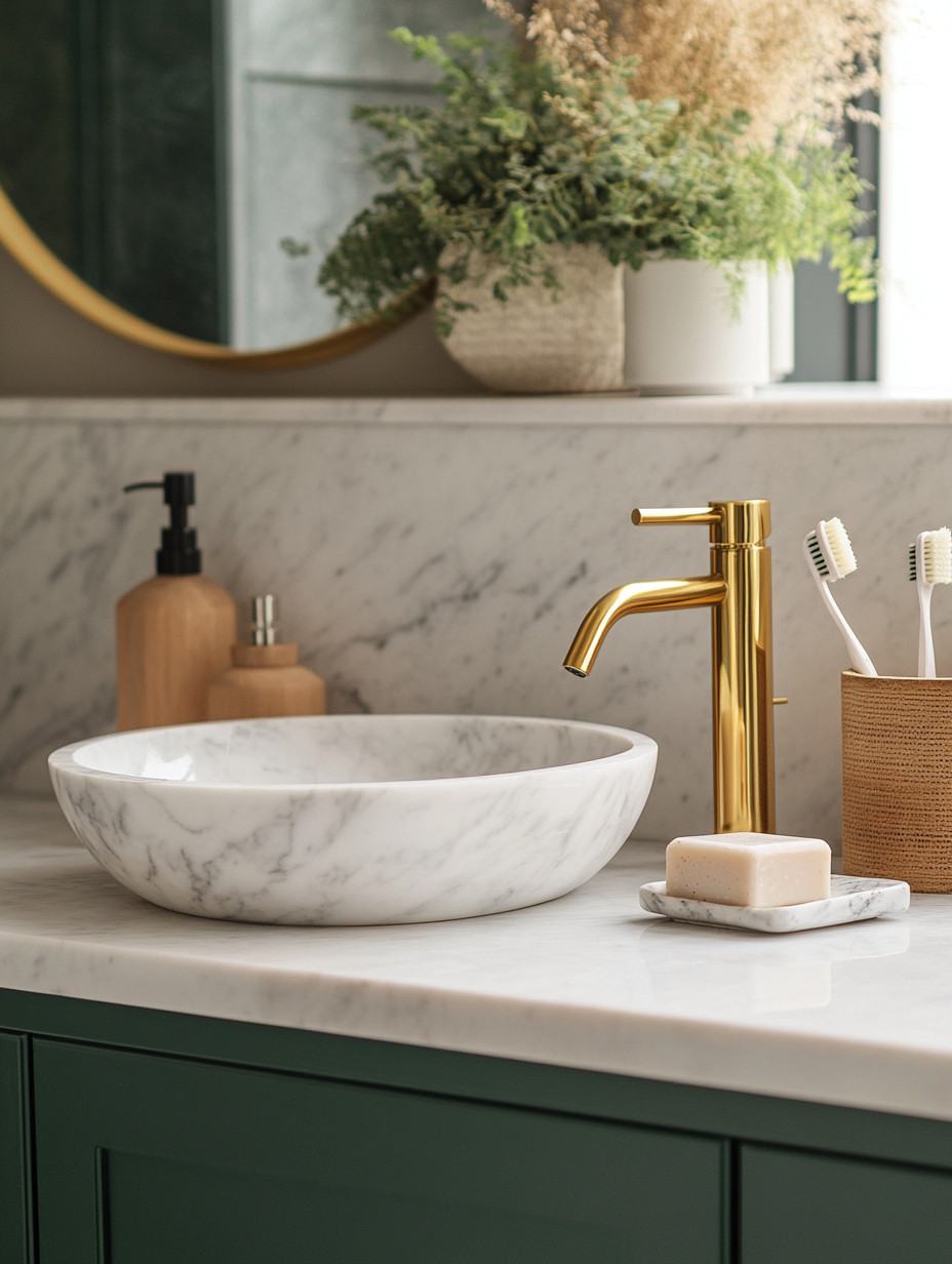 A marble basin paired with a gold faucet is one of the simplest ways to instantly elevate a powder room or bathroom vanity. The natural veining of the marble basin adds texture and depth, while the warm metallic finish of the gold bathroom faucet brings in a sense of luxury and modern glamour. This combination works beautifully in modern bathrooms, mid-century bathrooms, and even classic or minimalist powder room designs.

A marble sink creates a timeless foundation, and when paired with gold fixtures, it transforms a small space into a hotel-inspired powder room that feels curated and intentional. Whether styled with wood accessories, neutral tones, greenery, or soft textiles, this pairing delivers a clean, elegant look that never feels overdone. Perfect for small powder rooms, guest bathrooms, or statement bathroom upgrades, a marble basin and gold faucet prove that thoughtful details make the biggest impact.

#powderroomdecor
#marblebasin
#goldbathroomfaucet 

 #LTKHome