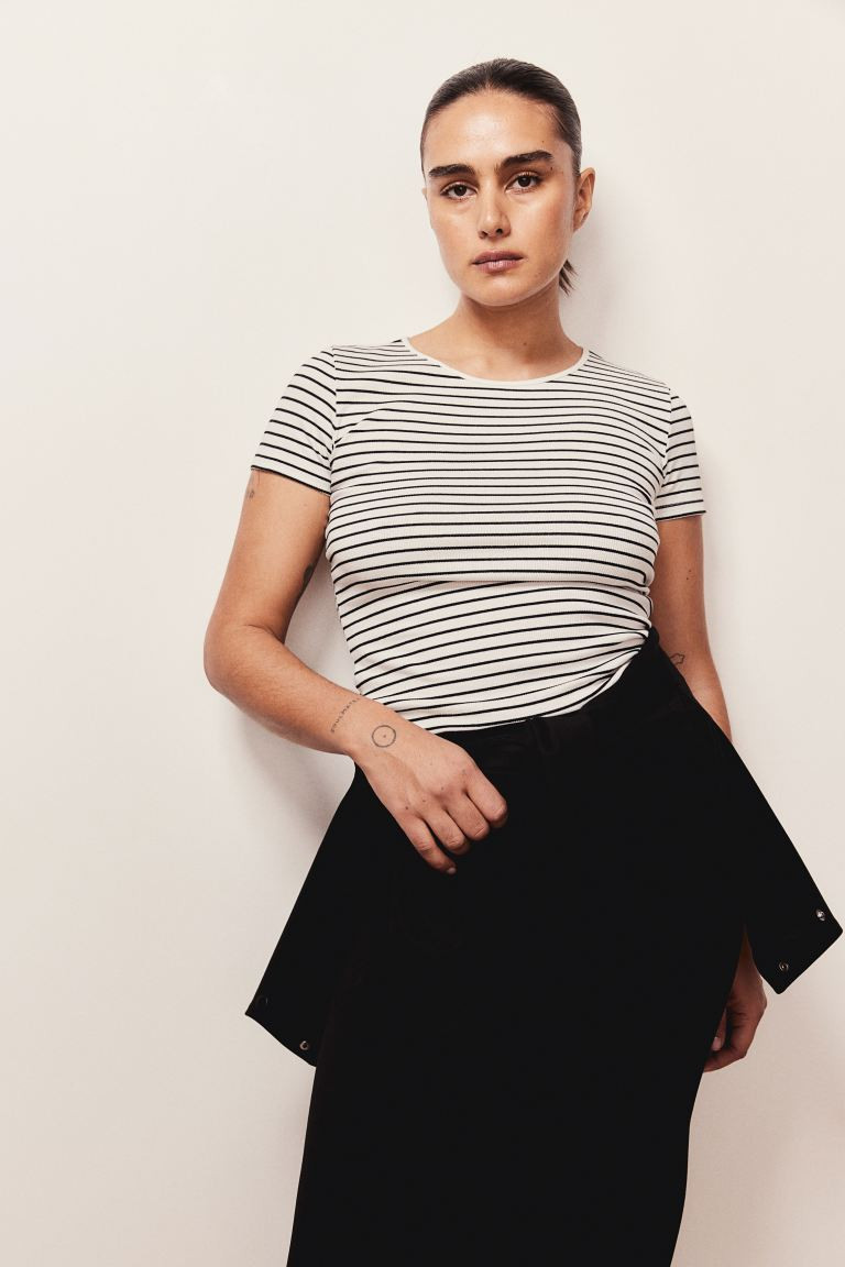 Rib Tee - White/Stripe - Ladies | H&M AU | H&M (AU)