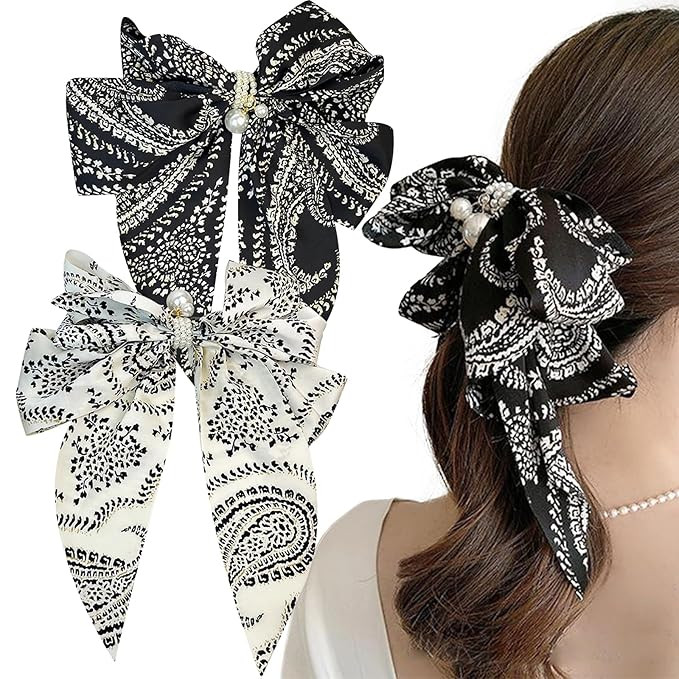 2 PACK Big Satin Hair Bows, Broken Flower Hair Clips Hair Bows for Women, Barrette Black White Bo... | Amazon (US)