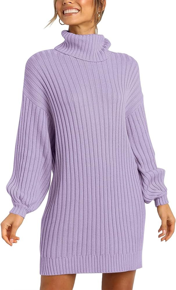 YIBOCK Women Turtleneck Sweater Dress Long Lantern Sleeve Casual Loose Oversized Winter Knit Pullove | Amazon (US)