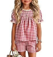 Xaatren Girls 2 Piece Gingham Outfits Puff Sleeve Shirts Shorts with Pockets Lace Trim Summer Mat... | Amazon (US)