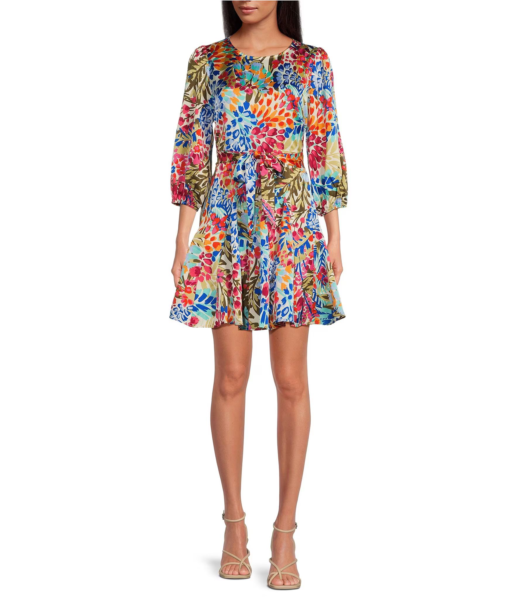 Tropical Floral Print Crew Neck 3/4 Sleeve A-Line Dress | Dillard's