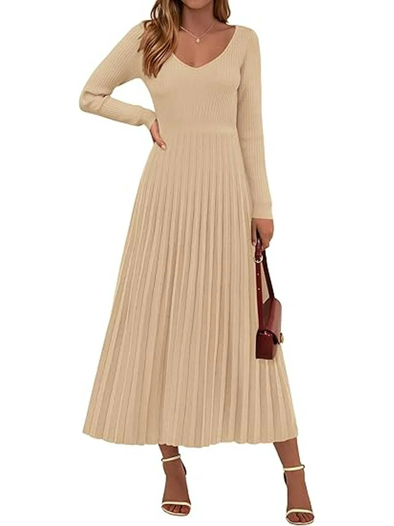 PRETTYGARDEN Women Sweater Dress Fall Fashion Long Sleeve V Neck Ribbed Knit Pleated A Line Elega... | Walmart (US)