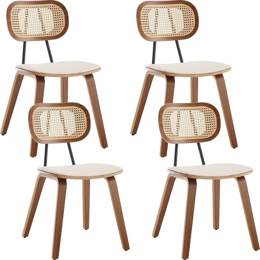 Mid-Century Dining Chairs Set of 4, PU Leather Side Chairs with Rattan Backrest Wooden Legs Armle... | Amazon (US)