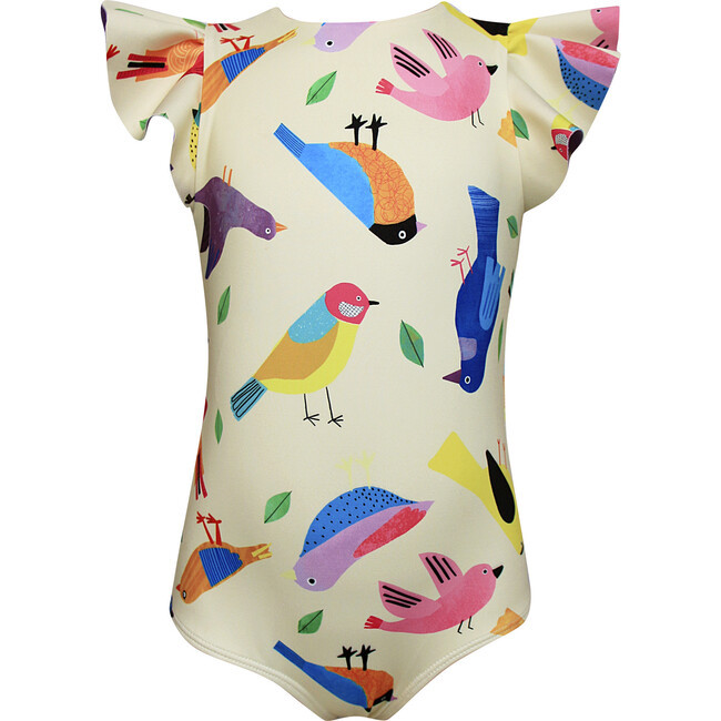 Girls Dayana One Piece Swimsuit, Birds Collage Yellow | Maisonette